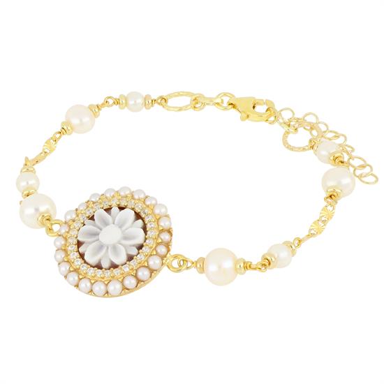 BRACCIALE CAMMEO CON PERLINE E GIRO DI ZIRCONI IN ARGENTO 925°/°°