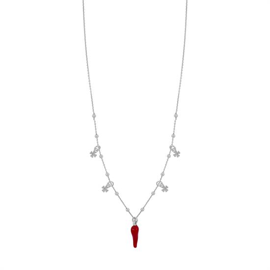 COLLANA QUADRIFOGLI PENDENTI ARGENTO 925°/°° E CORNO SMALTO
