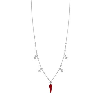COLLANA QUADRIFOGLI PENDENTI ARGENTO 925°/°° E CORNO SMALTO