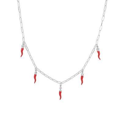 COLLANA OVALINE CON 5 CORNI SMALTATI ROSSI IN ARGENTO 925°/°°