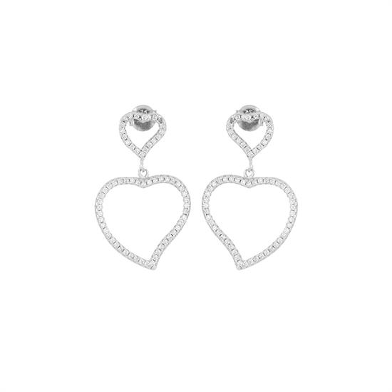 ORECCHINO DOPPIO CUORE PENDENTE ZIRCONI E ARGENTO 925°/°°