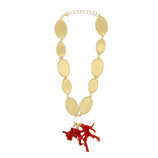 COLLANA ELEMENTI OVALI SATINATI E CORALLO IN ARGENTO 925°/°°