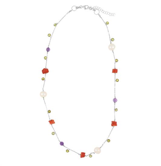 COLLANA ZIRCONI RAMI DI CORALLO PERLE COLTIATE ARGENTO 925°/°°