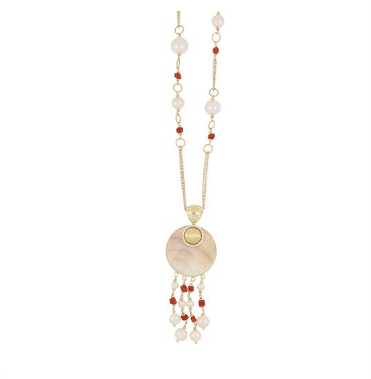 COLLANA MADREPERLA, CORALLO E PERLE BAROCCHE IN ARGENTO 925°/°°