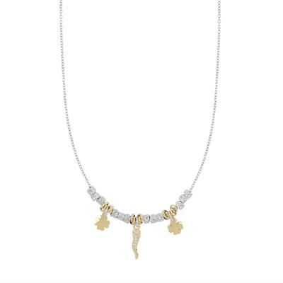 COLLANA RODIO CON PEPITE QUADRIFOGLI E CORNETTO PAVE ARGENTO 925°/°°