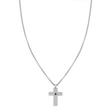 PENDENTE CATENA POP CORN E CROCE RIGATA ZIRCONE BLACK IN ACCIAIO
