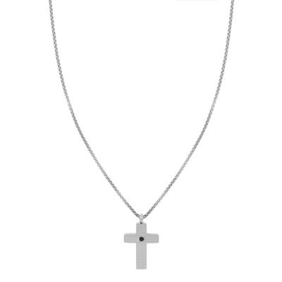PENDENTE CATENA POP CORN E CROCE RIGATA ZIRCONE BLACK IN ACCIAIO