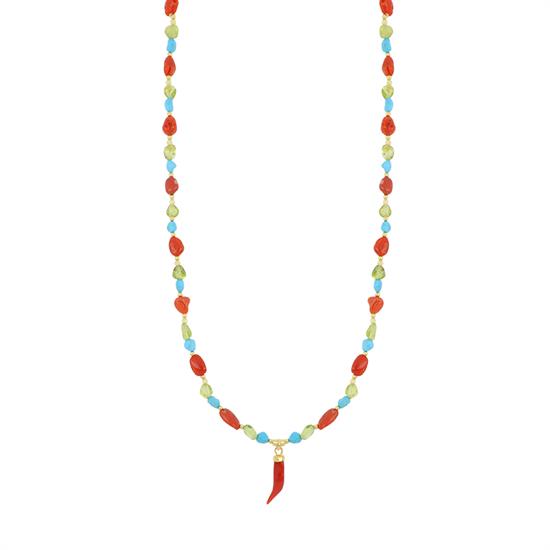 COLLANA CORNO CORALLO P.TURCHESE PIETRE DURE IN ARGENTO 925°/°°