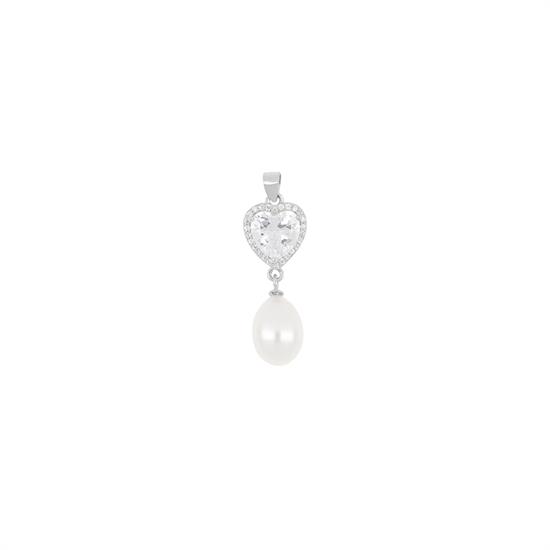 PENDENTE CUORE ZIRCONATO CON PERLA DI FIUME ARGENTO 925°/°°