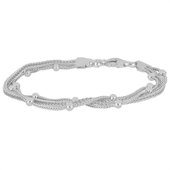 BRACCIALE TRE FILI SCALARI CATENE PALLINO CODA VOLPE ARGENTO 925°/°°