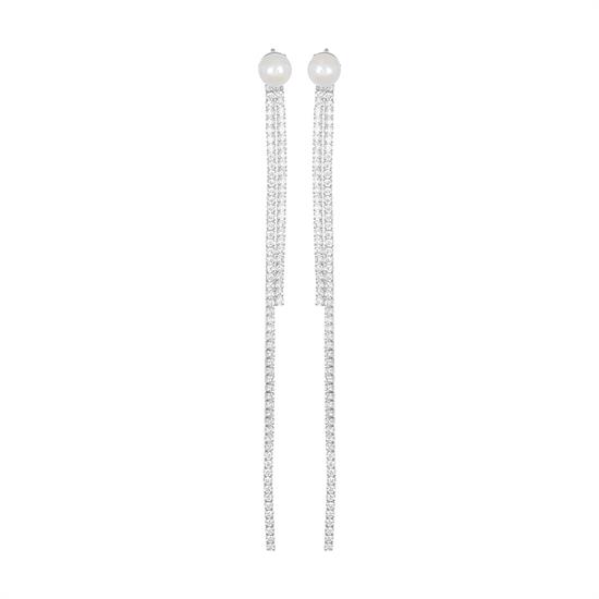 ORECCHINO PERLA CON 2 FILI TENNIS ZIRCONATO IN ARGENTO 925°/°°