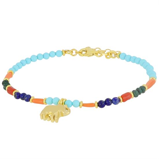 BRACCIALE TUBETTI P.TUR. MALACHITE CORALLO ELEFANTE ARGENTO 925°/°°