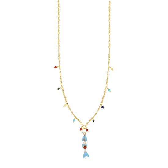COLLANA PESCE P.TURCHESE E CORALLO MALACHITE LAPIS ARGENTO 925°/°°