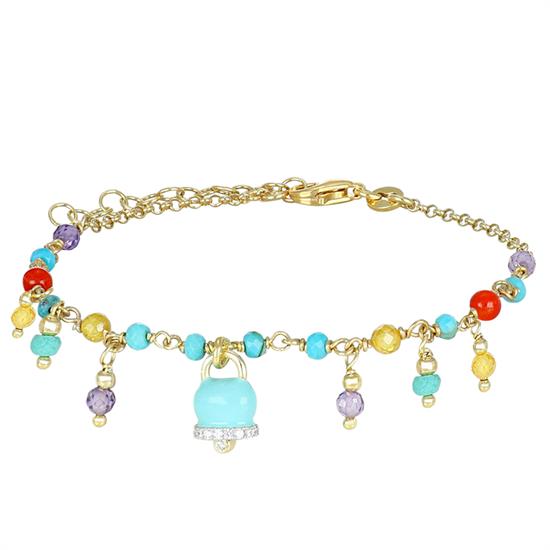 BRACCIALE SPINELLO CORALLO TURCHESE E CAMPANELLA CZ ARGENTO925°/°°