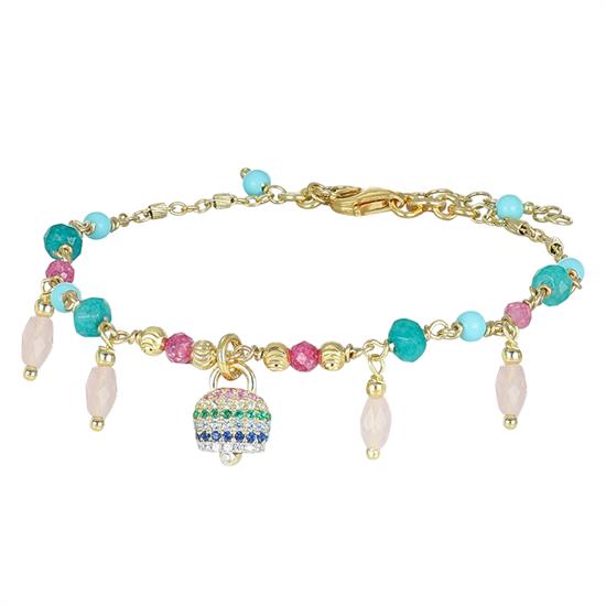 BRACCIALE SPINELLO FRAGOLA P.TURCHESE CAMPANELLA CZ ARGENTO925°/°°