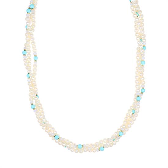 COLLANA TRE FILI PERLE DI FIUME TURCHESE E ACUQ. ARGENTO 925°/°°