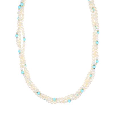 COLLANA TRE FILI PERLE DI FIUME TURCHESE E ACUQ. ARGENTO 925°/°°