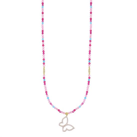COLLANA SPIN ROSA,FUCSIA,AZZURO E FARFALLA ZIRCONATA ARGENTO 925°/°°