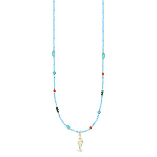 COLLANA SPIN.2MM AZZURRO,MALACHITE,TURCH E PESCE ZK ARGENTO 925°/°°