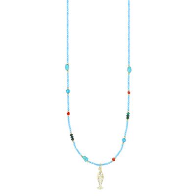 COLLANA SPIN.2MM AZZURRO,MALACHITE,TURCH E PESCE ZK ARGENTO 925°/°°