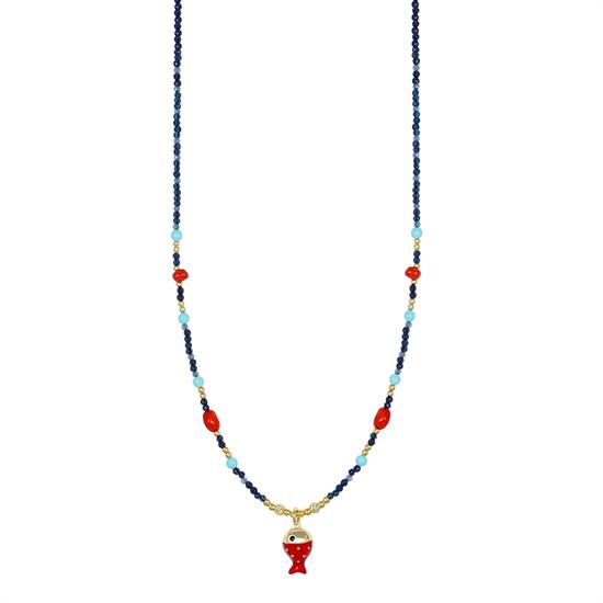 COLLANA P.TURCHESE,SPINELLO CORALLO PESCE IN ARGENTO 925°/°°