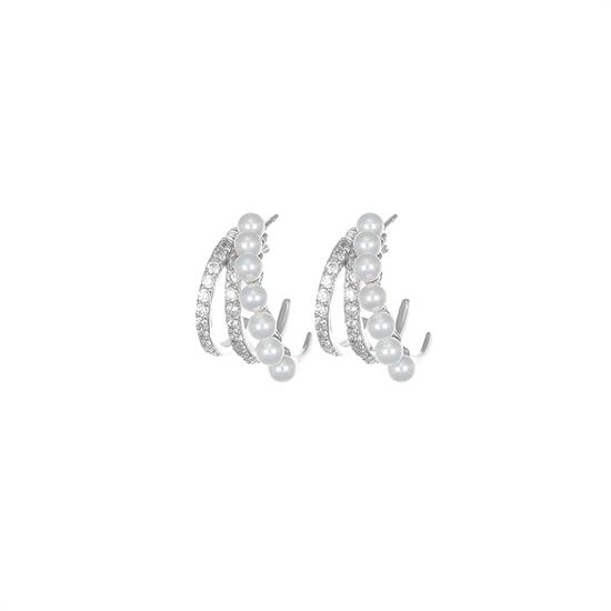 ORECCHINO CERCHIO 3 FILI ZIRCONI E PERLE PASSANTI ARGENTO 925°/°°