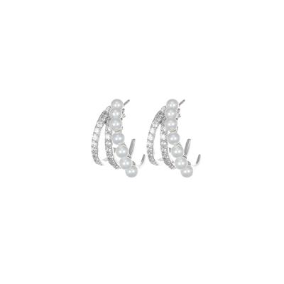 ORECCHINO CERCHIO 3 FILI ZIRCONI E PERLE PASSANTI ARGENTO 925°/°°