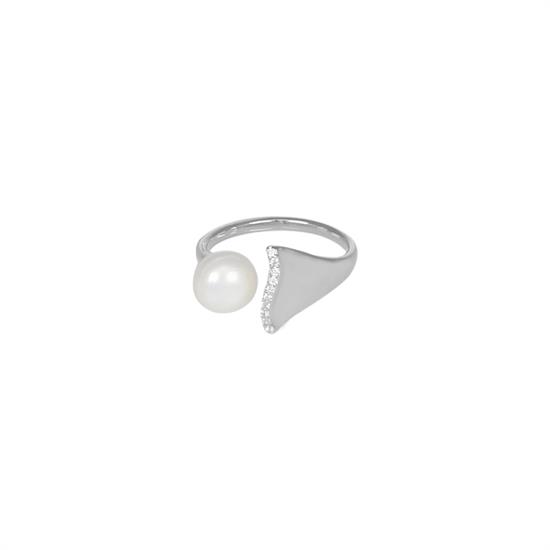 ANELLO CONTRARIE CON LATO ZIRCONI E LATO PERLA FIUME ARGENTO 925°/°°