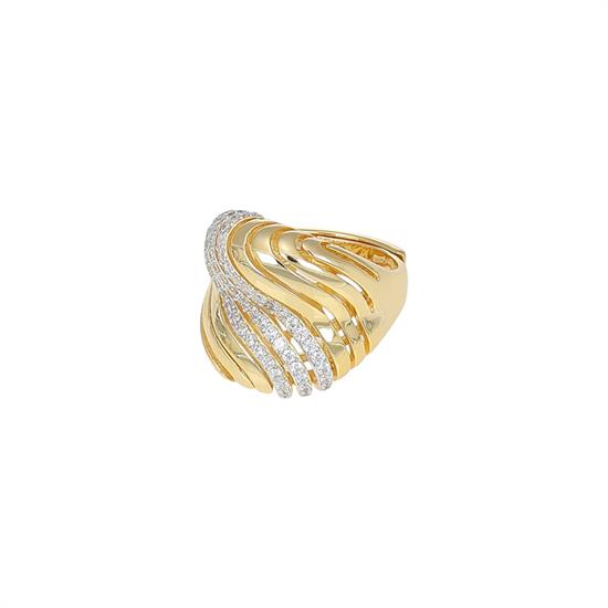 ANELLO DORATO FASCIONE RIGATO CON 3 FILI DI ZIRCONI ARGENTO 925°/°°