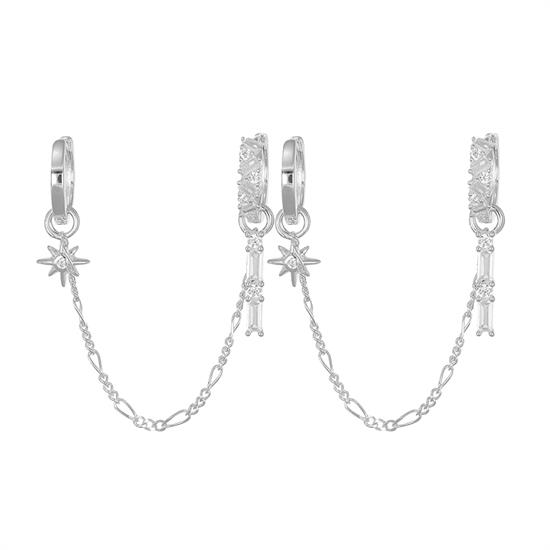 ORECCHINO DOPPIO CERCHIETTO E CATENA SOLE,BAGUETTE ZK ARGENTO925°/°°