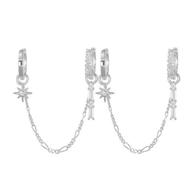 ORECCHINO DOPPIO CERCHIETTO E CATENA SOLE,BAGUETTE ZK ARGENTO925°/°°