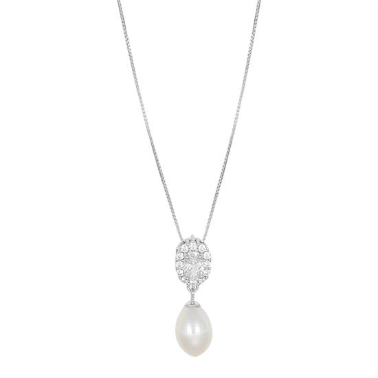 COLLANA OVALE ZIRCONATO CON PERLA DI FIUME IN ARGENTO 925°/°°