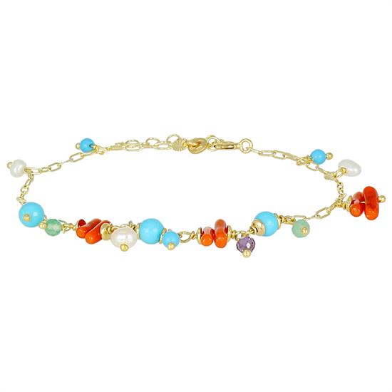 BRACCIALE AMMAGLIATO CORALLO PERLE P.TURC. ZIRCONI ARGENTO 925°/°°