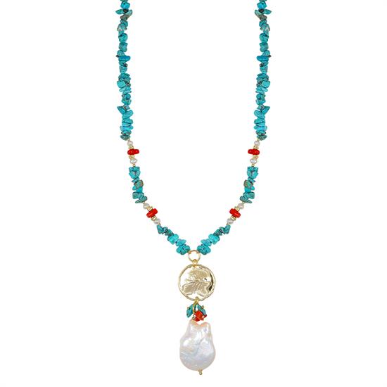 COLLANA AULITE CORALLO E TONDO MARTELLATO P.BAROCCA ARGENTO 925°/°°