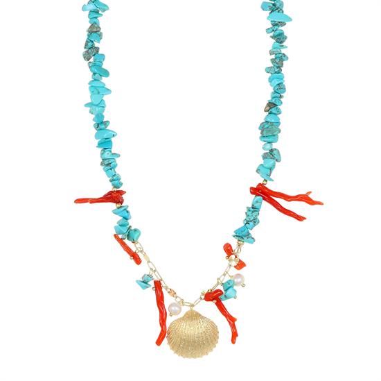 COLLANA SCAGLIE TURCHESE CORALLO CONCHIGLIA DIAMANT. ARGENTO 925°/°°