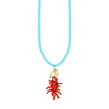 COLLANA PASTA TURCHESE 6MM FOGLIA DIAMANTATA CORALLO ARGENTO 925°/°°