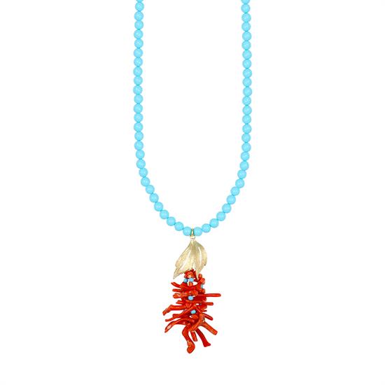 COLLANA PASTA TURCHESE 6MM FOGLIA DIAMANTATA CORALLO ARGENTO 925°/°°