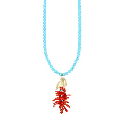 COLLANA PASTA TURCHESE 6MM FOGLIA DIAMANTATA CORALLO ARGENTO 925°/°°