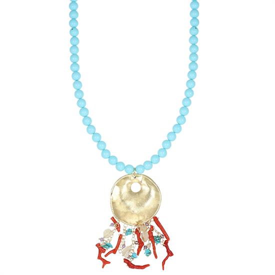 COLLANA PASTA TURCHESE 6MM TONDO DIAMANTATO CORALLO ARGENTO 925°/°°