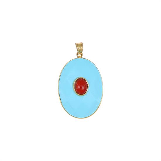 PENDENTE P.TRURCHESE OVALE CON SPOLA CORALLO IN ARGENTO 925°/°°